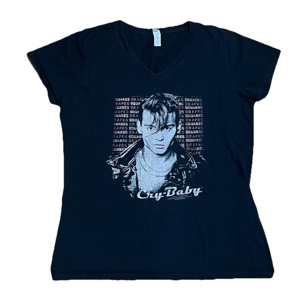 Johnny Depp Cry-Baby Movie T-Shirt Black V-neck Ladies’ XL Drapes Squares